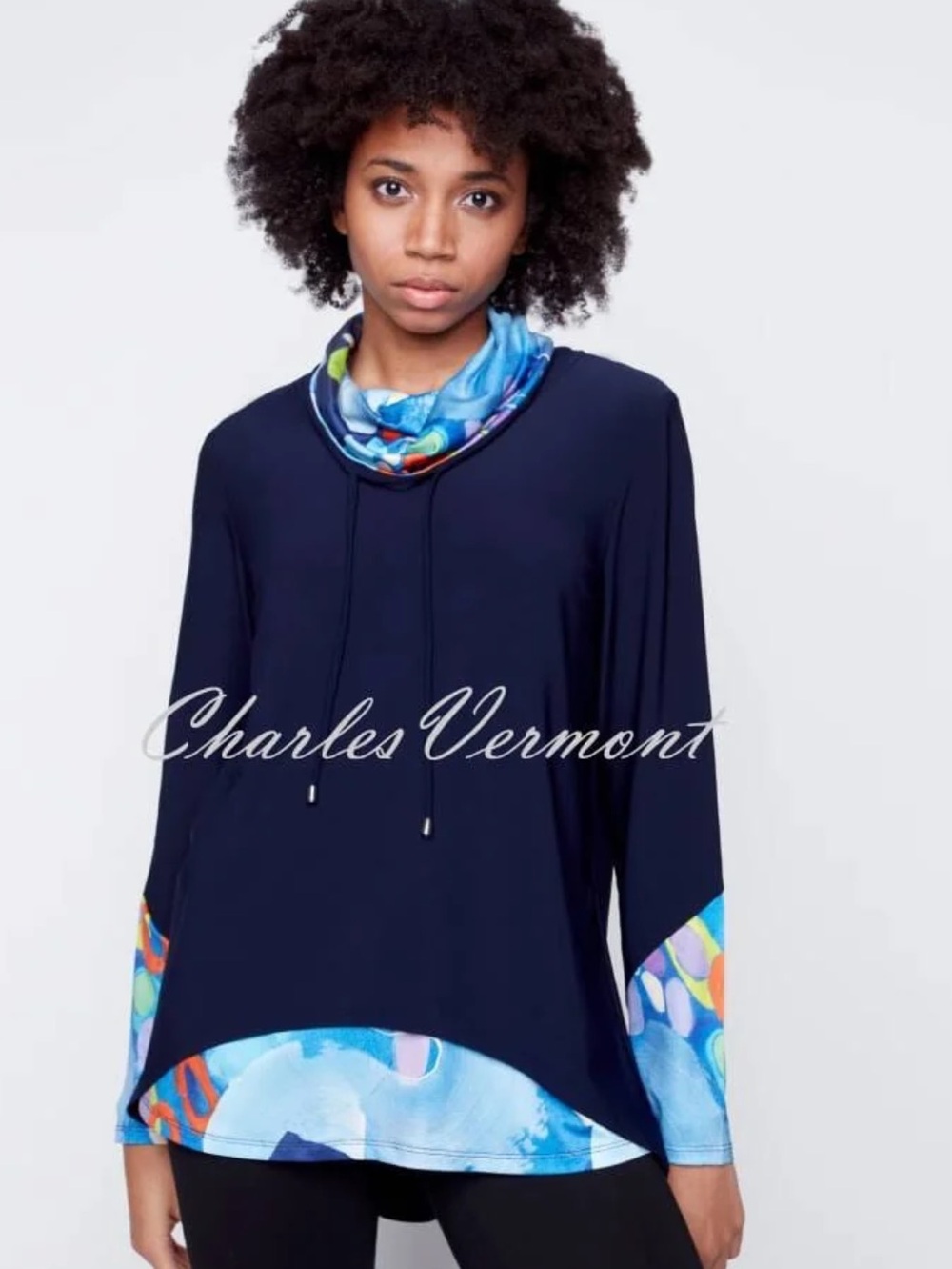 CLAIRE DESJARDINS cowl neck longsleeves in navy multi color like new size S